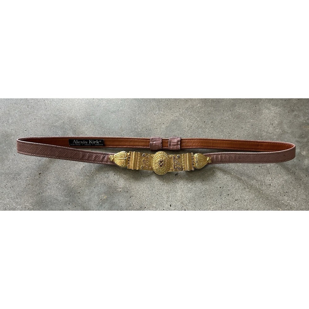Vintage Alexis Kirk Belt Pink Genuine Snakeskin Gold Buckle Etruscan Glam